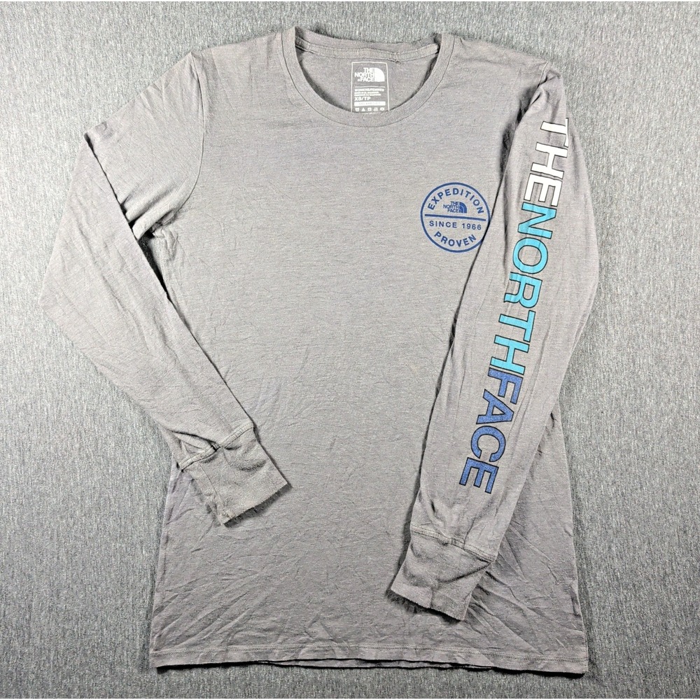 North Face XS Gray LS Logo Graphic Sleeve Tee Shirt Gorpcore Hiking Streetwear